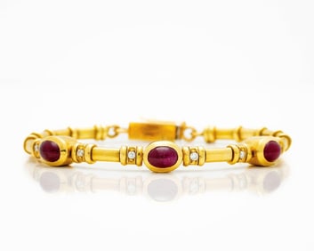 18k Yellow Gold Cabochon Ruby Diamond Bracelet