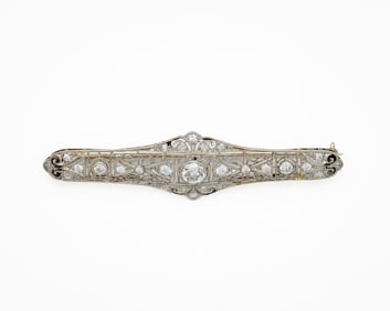 Antique Platinum Filigree Elongated Diamond Brooch