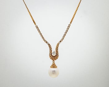 14K UnoAErre Natural Diamond & Pearl Drop Necklace