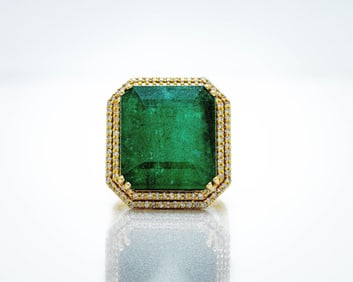 14k  25.90 ct Zambian Emerald & Diamond Halo Ring