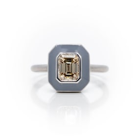 14k Gold Emerald Cut Diamond Enamel Halo Ring