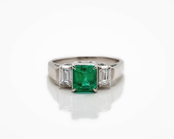 Platinum GIA F1 Minor Emerald Diamond 3 Stone Ring