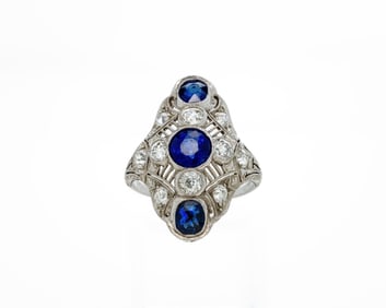 Art Deco Platinum Sapphire Diamond Shield Ring