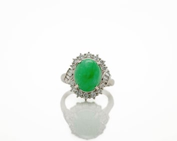 Platinum 6.49ct Cabochon Jade Diamond Halo Ring