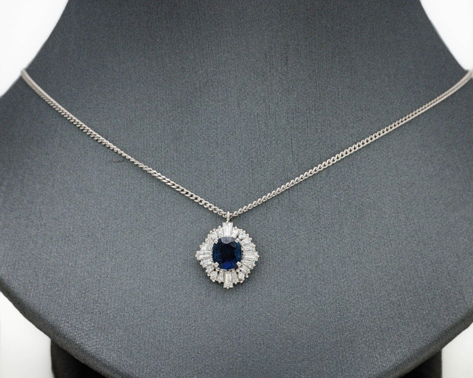 Platinum Natural Blue Sapphire Diamond Necklace: Platinum Natural Royal Blue Sapphire & Diamond Ballerina Necklace 1.00ct Cushion-Cut Sapphire · 0.69ct F/VS Diamond Halo · Vintage Platinum Elegance A magnificent vintage pendant necklace meticulous