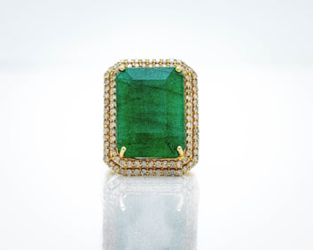14K Gold 7.85ct Zambian Emerald Diamond Halo Ring