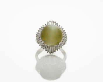 Platinum 6.81ct Cat's Eye Actinolite Diamond Ring