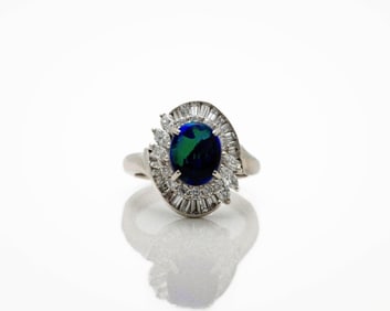 Vintage Platinum Natural Black Opal Diamond Ring