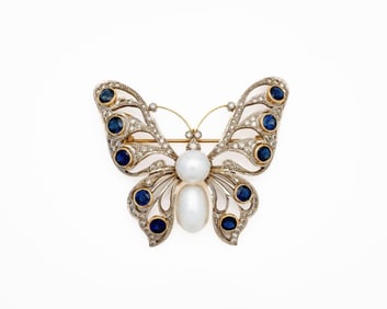 18k Gold Butterfly Brooch w/ Diamond & Sapphire