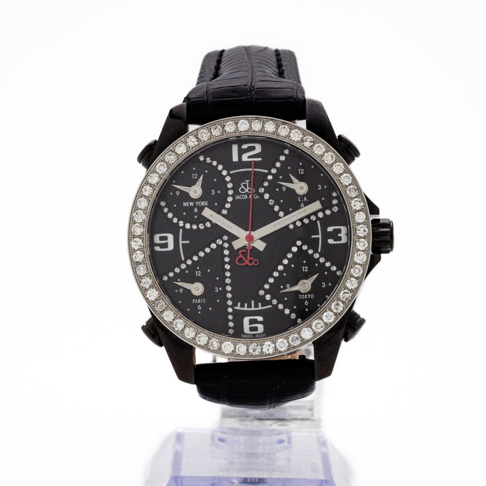 Jacob & Co JC-M2 Black PVD Diamond Watch: Jacob & Co. Five Time Zone JC-M2 - 40 mm PVD - Factory Diamond Bezel - Multi-Zone Swiss Quartz A bold statement in contemporary horology; the Jacob & Co. Five Time Zone JC-M2 reflects the brand's