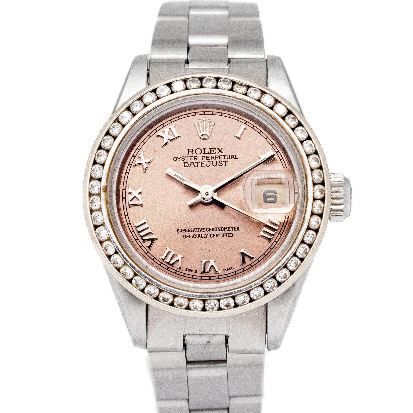 Rolex Datejust 69173 Ladies 26mm w/ Diamond Bezel: Rolex Datejust Ref. 69173 · Ladies 26 mm · Salmon Roman Dial · Custom Diamond Bezel A refined and graceful interpretation of the classic Rolex Datejust; this ladies' Ref. 69173 pairs understated