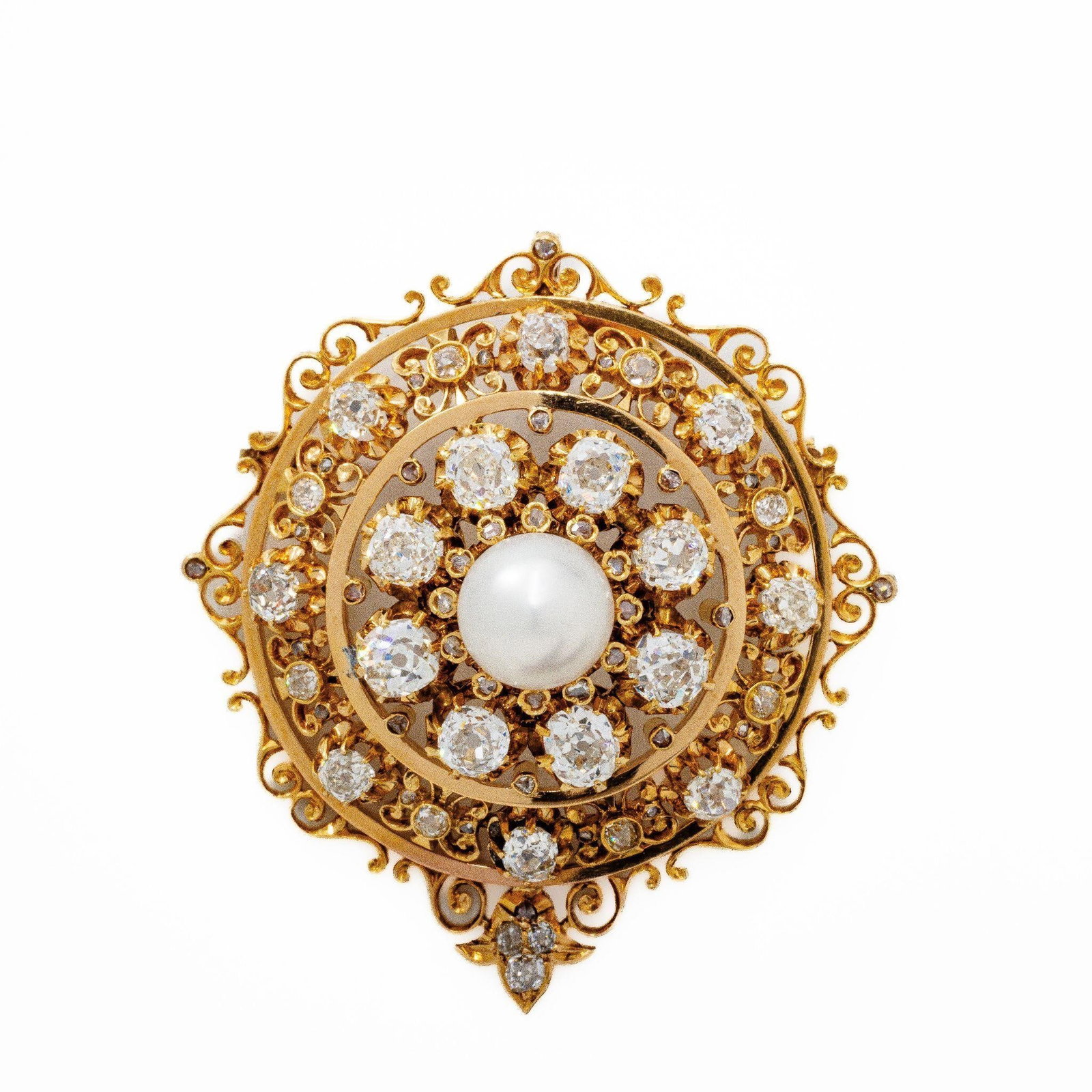 Antique GIA Diamond Pinctada Pearl Brooch Pendant: 14K Yellow Gold Diamond & Natural Saltwater Pearl Brooch Pendant · 5.00 ctw Old Mine Cut · Victorian Era · GIA Certified An exceptional and highly collectible Victorian-era brooch pendant; crafted 