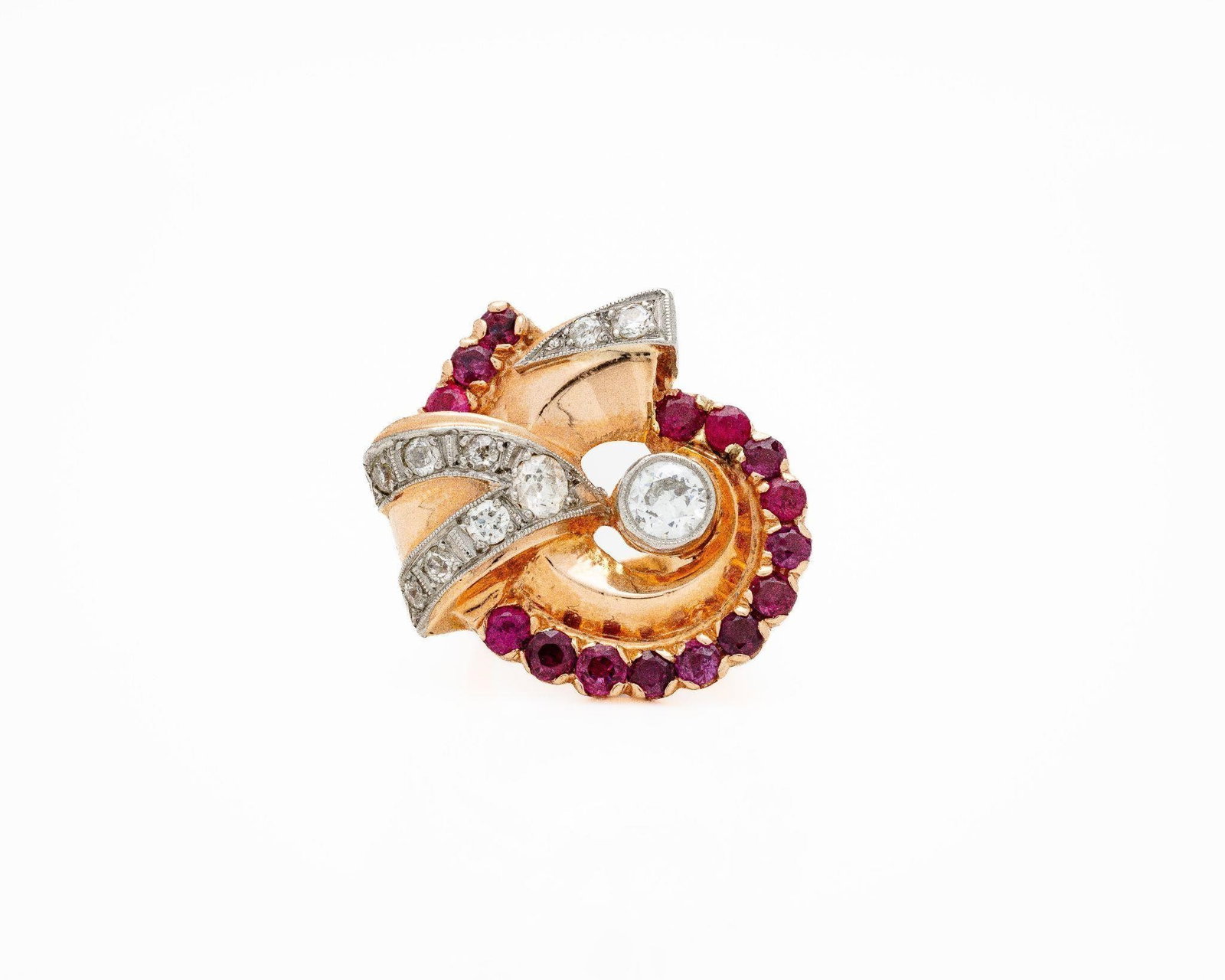 Art Deco Platinum Rose Gold Diamond Ruby Ring (1 of 4)