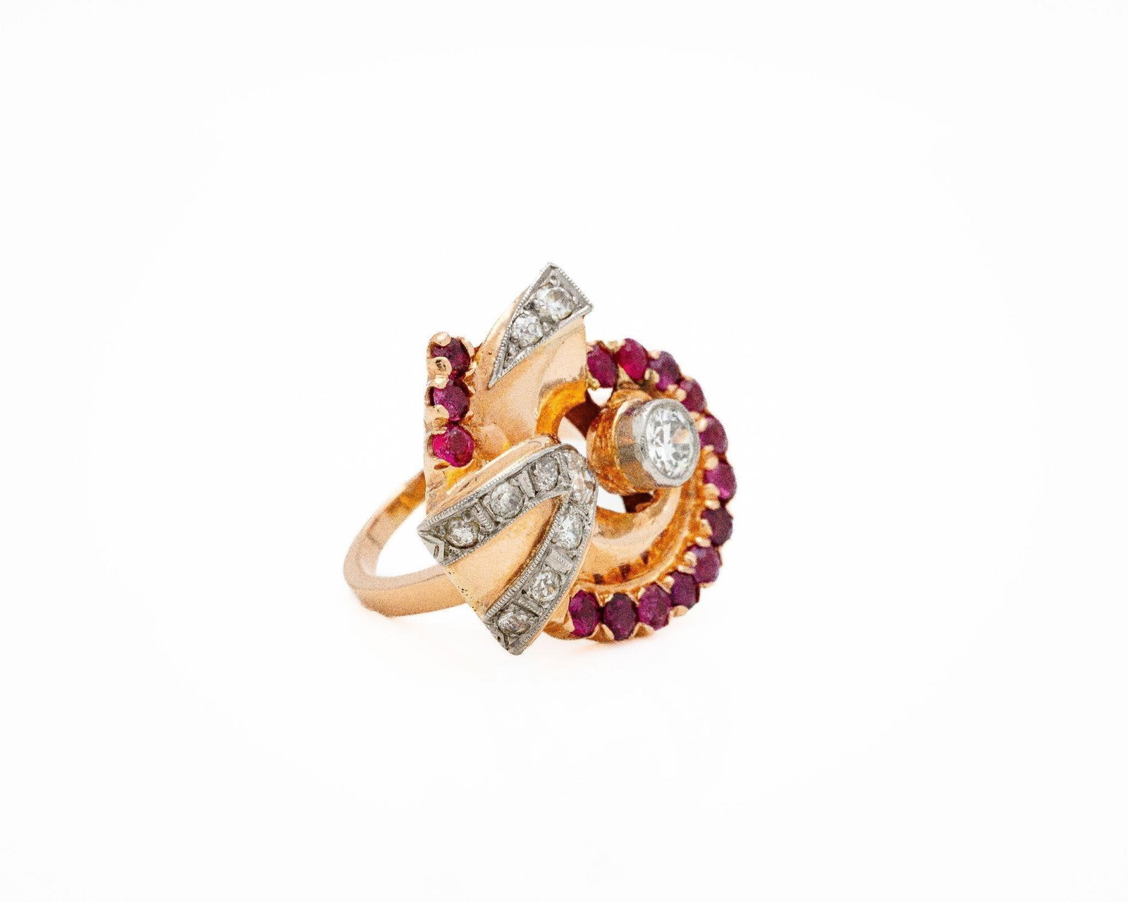 Art Deco Platinum Rose Gold Diamond Ruby Ring - 2