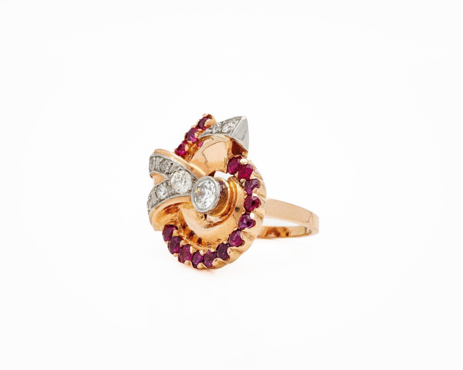 Art Deco Platinum Rose Gold Diamond Ruby Ring - 3