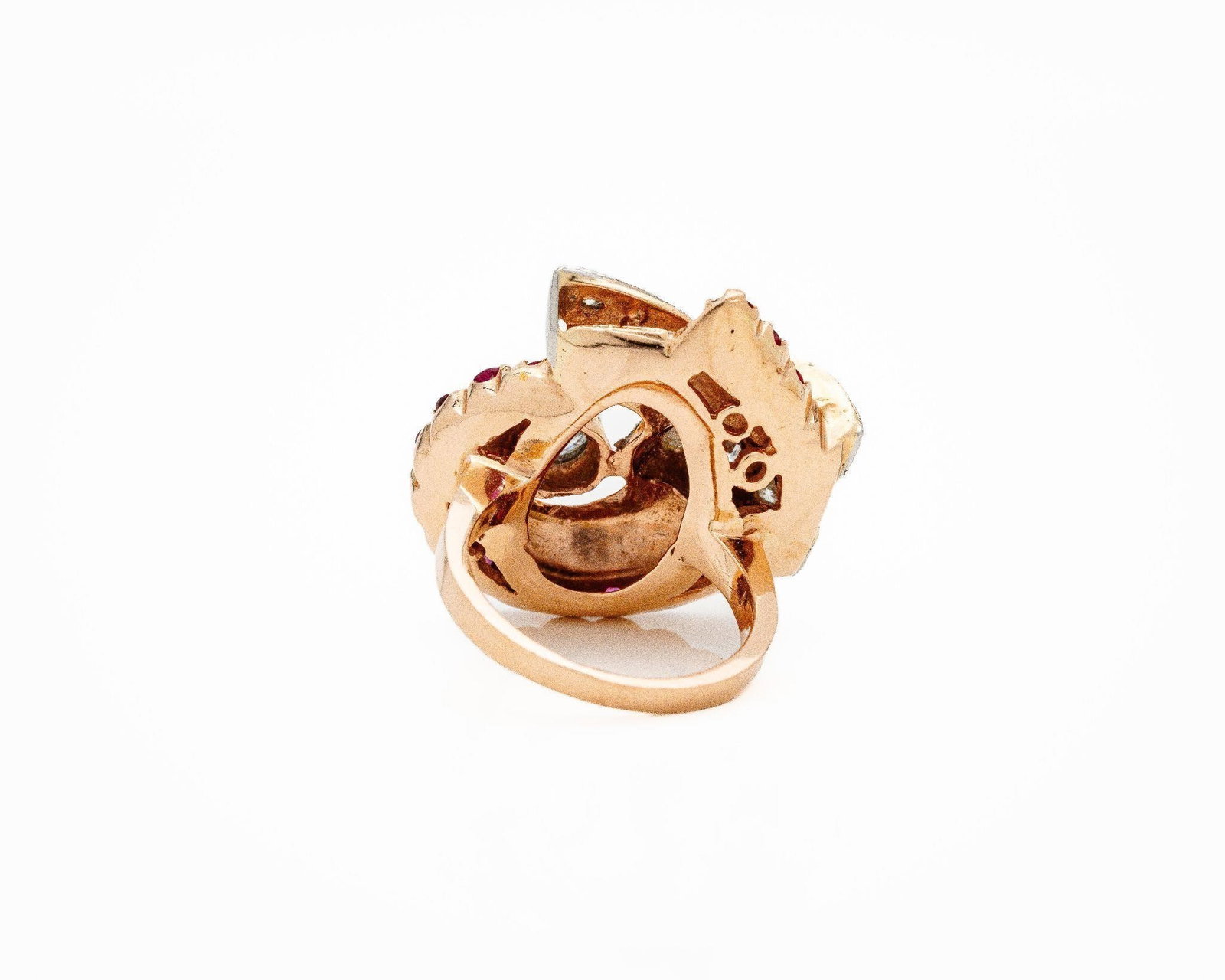 Art Deco Platinum Rose Gold Diamond Ruby Ring - 4