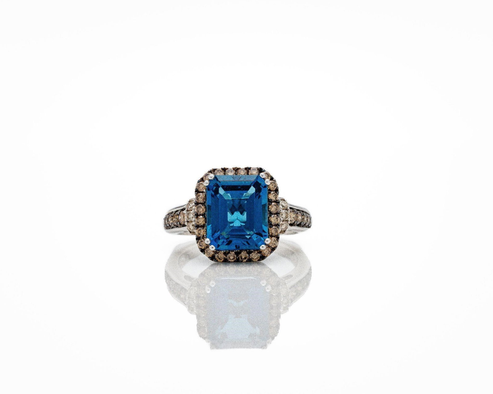 LEVIAN 14kt White Gold Topaz Diamond Ring: Le Vian 14kt White Gold Emerald Cut Topaz & Diamond Cathedral Ring A refined vintage cathedral-style ring by Le Vian; crafted in solid 14kt white gold and centered on a striking emerald-cut natural to