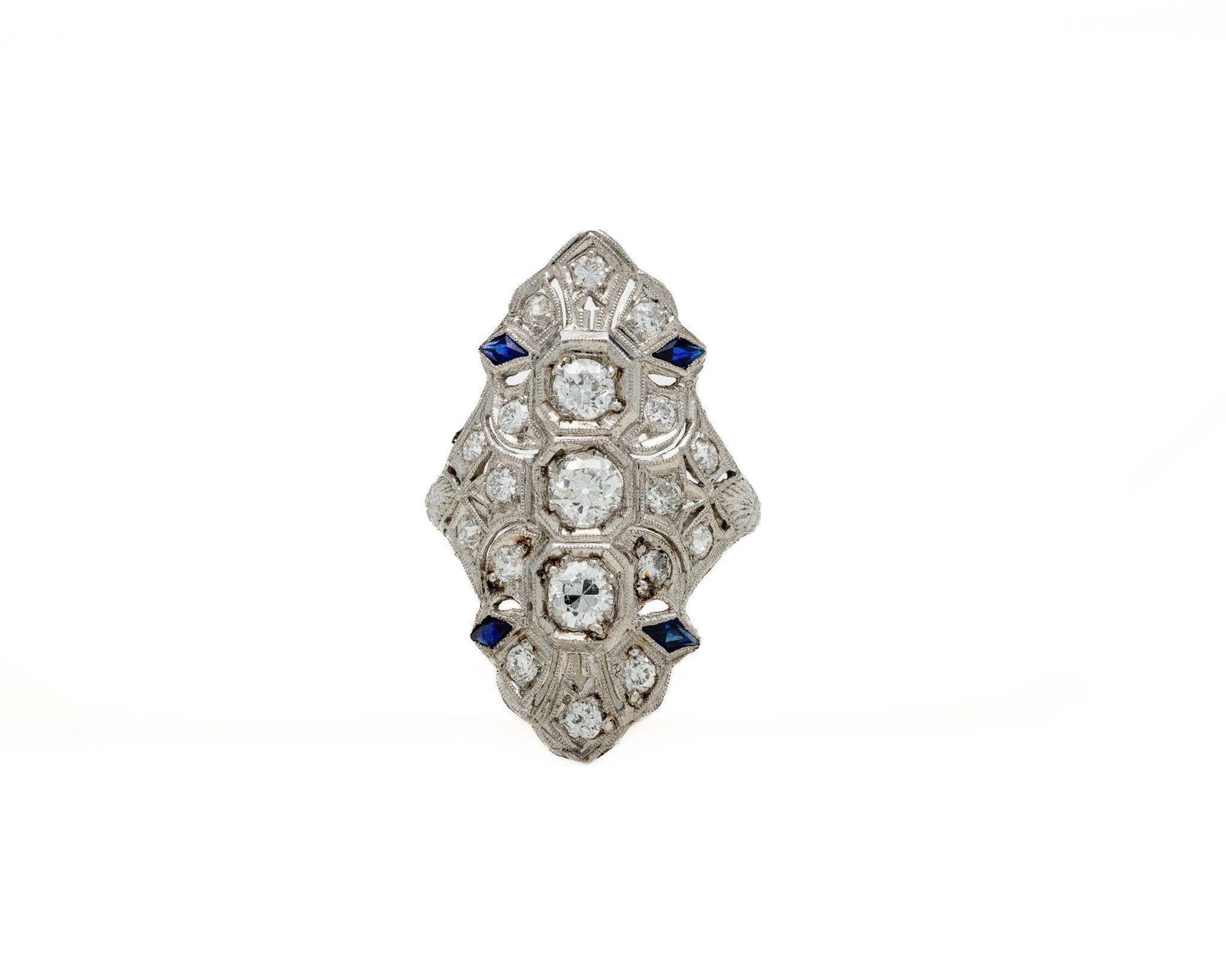 Antique Deco Platinum Sapphire Diamond Shield Ring: Art Deco Platinum Diamond & Sapphire Shield Ring - Circa 1920s - 1930s 1.65 ctw ( 1.25 ctw Old European-Cut Diamonds · 0.40 ct Natural Kite-Shaped Sapphires) Hand-Fabricated & Engraved Platinum · Or