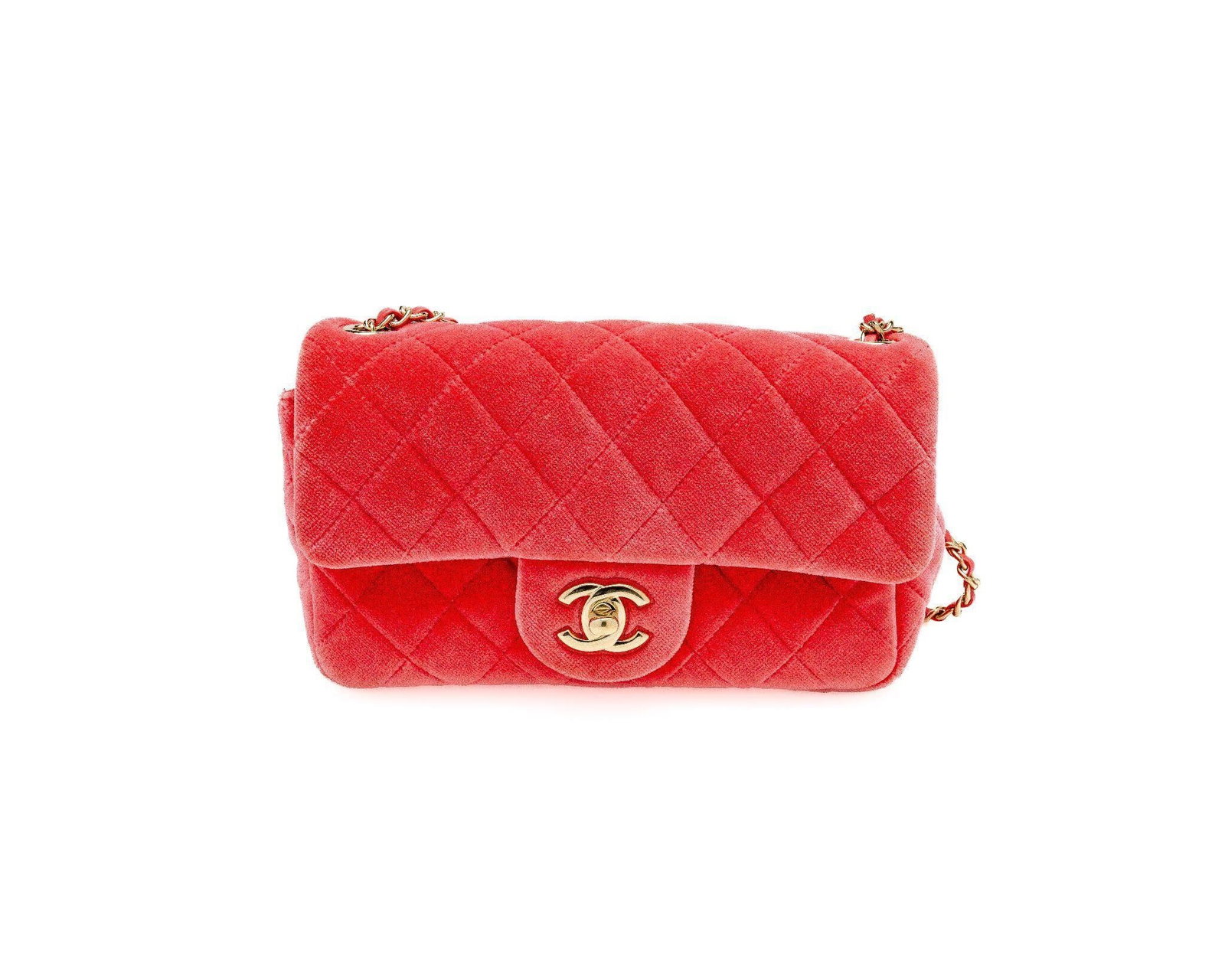 Chanel Coral Quilted Velvet Mini Coco Crush Bag: Chanel Mini 'Coco Crush' Flap Bag - Coral Velvet with Strass CC & Gold-Tone Hardware Discontinued Rare Seasonal Edition Excellent Condition A scarce and highly collectible Chanel Mini 'Coco Crush' fla