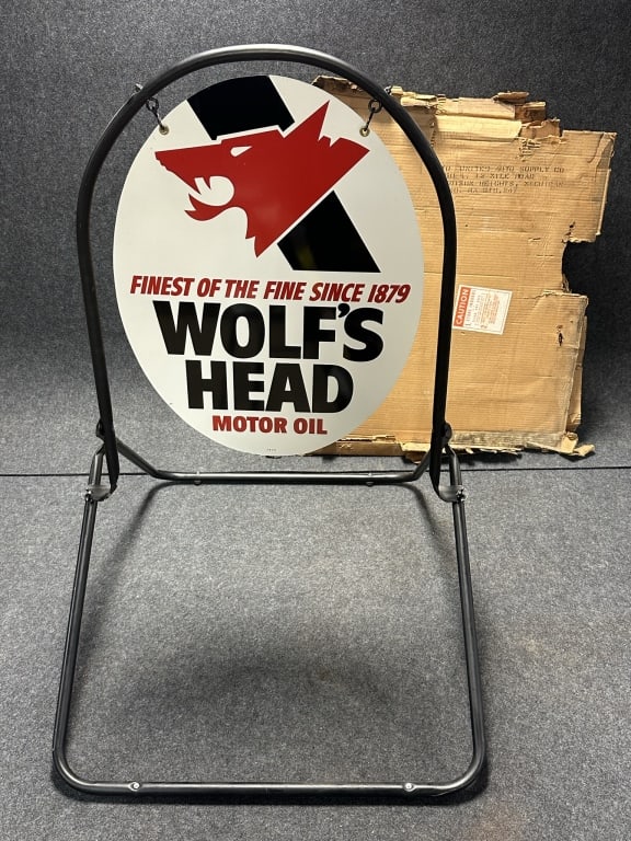 Wolf's Head NOS 1970s Motor Oil Curbside Sign w/ Original Shipping Box (1 of 12)