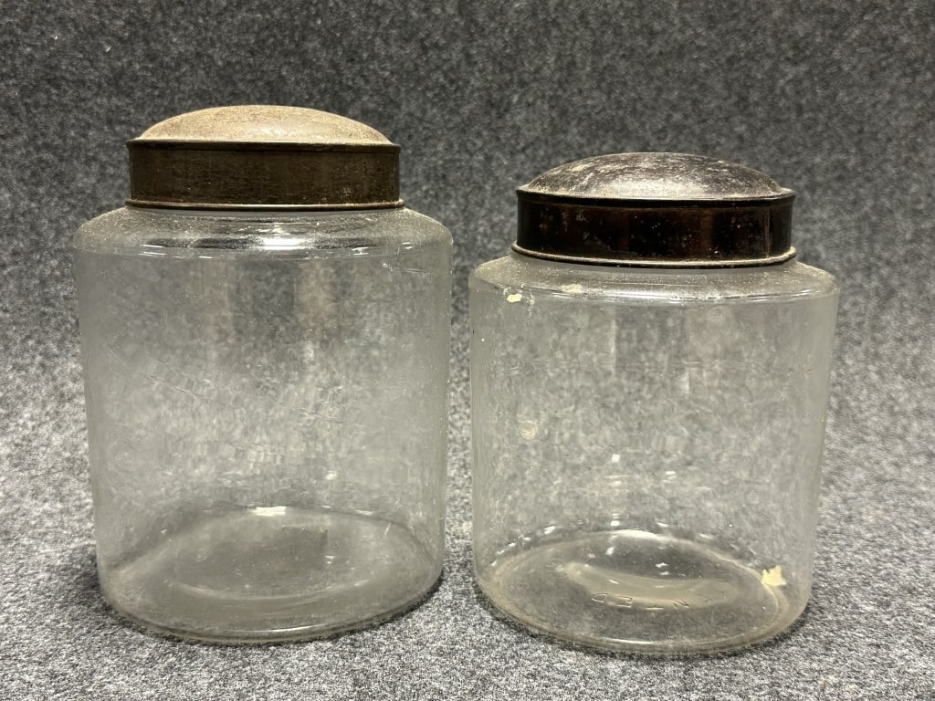 Pair Antique Early Apothecary Jars w/ Original Tin Lids (1 of 5)