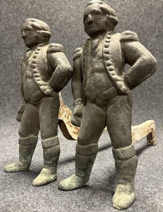 Antique Cast Solid Brass Pair George Washington Colonial Andirons: Great origional paint and patina. Overall length is 20" by 14" tall.