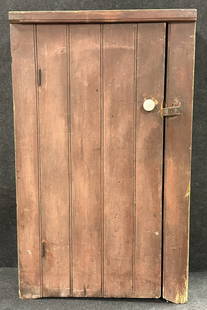 Original Red Painted Hanging Beadboard Primitive Cupboard 1 Board 21.5" Wide Back: Great original cupboard with wonderful surface and paint. 24" wide x 8.5" deep x 39.5" tall