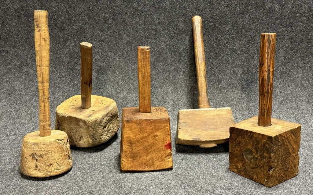 Lot of 5 19th Century Hand Carved Wooden Mallets (1 of 8)