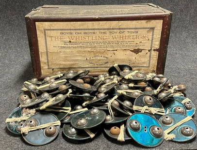 Antique Early 1900s Original Wooden Store Display Box of 84 Whistling Whirligig Metal Toys NOS: 21" x 11" x 11" - marked Philadelphia PA