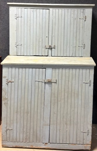 Antique One Piece Blue Painted Beadboard Slanted Stepback Cupboard (1 of 11)