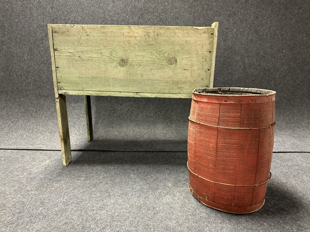 Pair Antique 19th Century Wooden Farm Objects: Nail Keg & Green Painted Corn Crib (1 of 10)