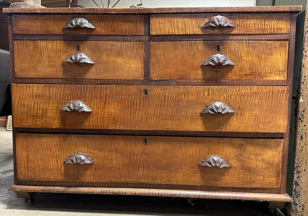 19th Century 6 Drawer Maple Dresser w/ Ornately Carved Wooden Pulls (1 of 9)