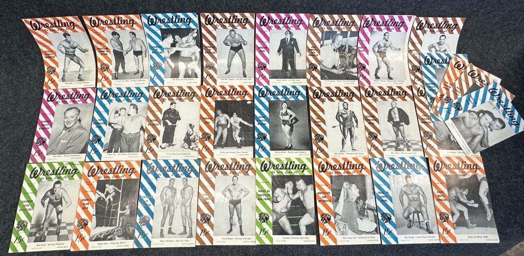 LOT OF 28 1953-54 WRESTLING AS YOU LIKE IT WEEKLY ALL IN VARIOUS CONDITIONS, PAGE AND COVER WEAR: ALL IN VARIOUS CONDITIONS, PAGE AND COVER WEAR SCATTERED WITH WRITING ON COVER PAGES