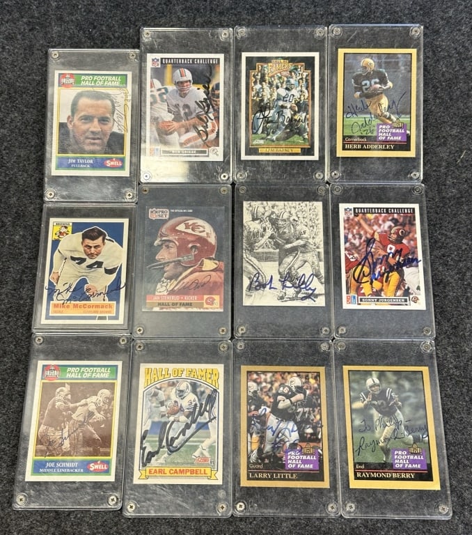 LOT OF 12 SIGNED ORIGINAL FOOTBALL CARDS INCLUDING HERB ADDERLEY, BOB LILLY, HAN STENERUD, MIKE: HERB ADDERLEY, BOB LILLY, HAN STENERUD, MIKE MCCORMACK, LEM BARNEY, JIM TAYLOR