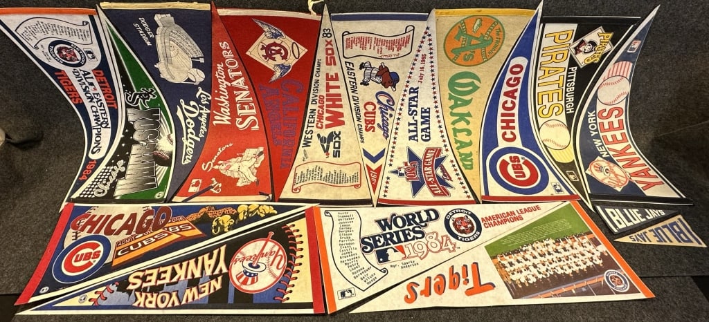 LOT OF 18 1950S - 1980S MLB BASEBALL PENNANTS, DOD 3X TIGERS 1984 WORLD SERIES, ALDS, YANKEES, CUBS, (1 of 8)