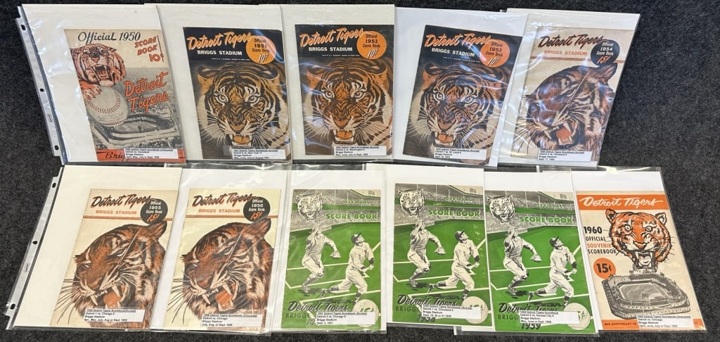 LOT OF 11 1950-1960 DETROIT TIGERS BRIGGS STADIUM VARIOUS GOOD TO EXCELLENT CONDITIONS , SOME: VARIOUS GOOD TO EXCELLENT CONDITIONS , SOME SCORED, SOME LEFT UNSCORED. MAY SHOW CREASES, WRITING, ETC.