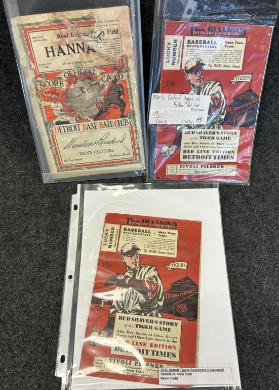 LOT OF 3 1925, 1930S, 1933 DETROIT BASEBALL CLUB S FAIR TO GOOD CONDITION, 1925 HAS PAPER LOSS AND: FAIR TO GOOD CONDITION, 1925 HAS PAPER LOSS AND DAMAGE, 1933 VS YANKEES HAS A SMALL SPINE TEAR, ALSO MENTIONS BABE RUTH & LOU GEHRIG AS STARTERS IN THE GAME. 1933 VS BOSTON