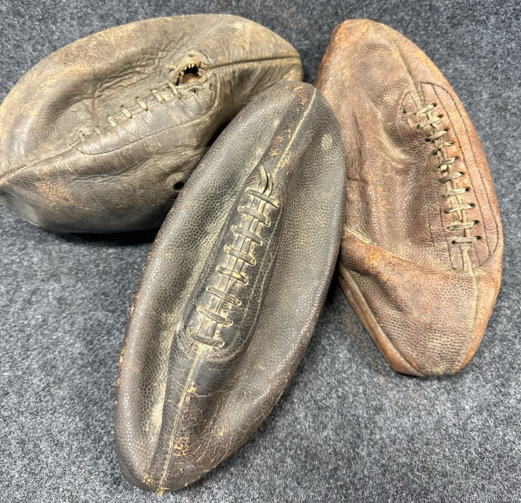 LOT OF 3 EARLY ANTIQUE LEATHER FOOTBALLS CA. 1920S SEE ALL PHOTOS FOR A BETTER IDEA ON CONDITION (1 of 6)