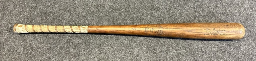 1940S ROGERS HORNSBY WILSON WOOD BASEBALL BAT 36" UNCRACKED WITH EXCELLENT STAMPINGS, HANDLE HAS OLD: UNCRACKED WITH EXCELLENT STAMPINGS, HANDLE HAS OLD TAPE RESIDUE, MINOR WHITE PAINT OVER SPRAY ON BACK BARREL