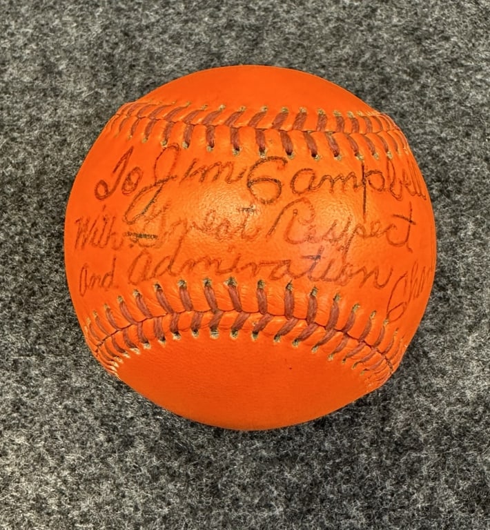 1975 CHARLIE "CHARLES O" FINLEY AUTOGRAPHED ORAN ORANGE BASEBALL SIGNED & INSCRIBED "TO JIM CAMPBELL (1 of 4)