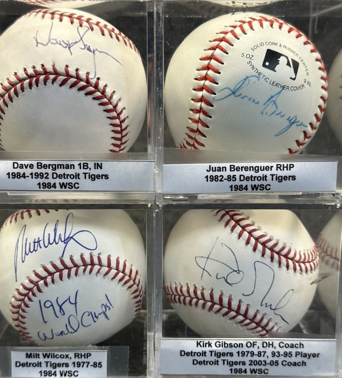LOT OF 4 1984 DETROIT TIGERS WORLD SERIES CHAMPION BERENGUER ON RAWLINGS OFFICAL LEAGUE BASEBALL,: BERENGUER ON RAWLINGS OFFICAL LEAGUE BASEBALL, GIBSON & WILCOX & BERGMAN ON RAWLINGS OFFICIAL MAJOR LEAGUE BALLS SELIG
