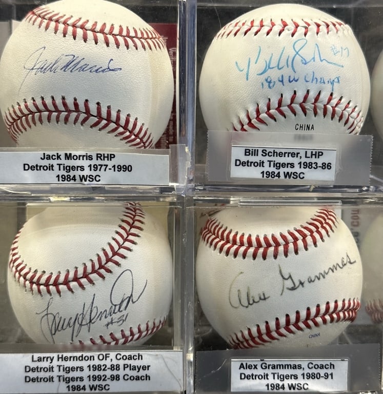 LOT OF 4 1984 DETROIT TIGERS WORLD SERIES CHAMPION GRAMMAS & SCHERRER ON RAWLINGS OFFICIAL LEAGUE: GRAMMAS & SCHERRER ON RAWLINGS OFFICIAL LEAGUE BALLS, MORRIS AND HERNDON ON OFFICAL MAJOR LEAGUE BALLS SLEIG MORRIS JSA H39122, HERNDON DC SPORTS CERT