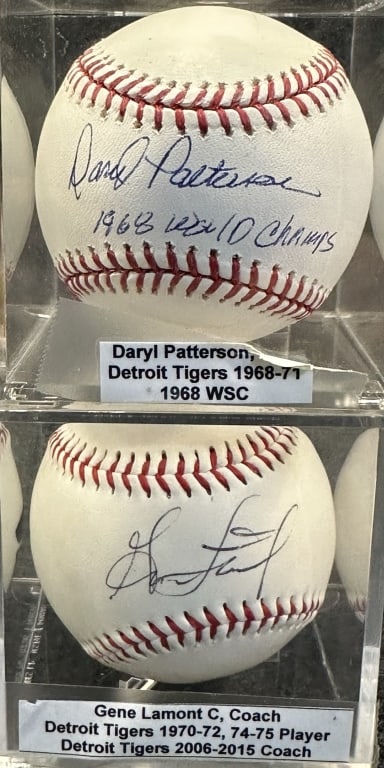LOT OF 2 DETROIT TIGERS PLAYERS SINGLE SIGNED BASB LAMONT ON SA GEAR BASEBALL, PATTERSON ON RAWLINGS: LAMONT ON SA GEAR BASEBALL, PATTERSON ON RAWLINGS OFFICIAL MAJOR LEAGUE BASEBALL PATTERSON AW AUTHENTIC B45908