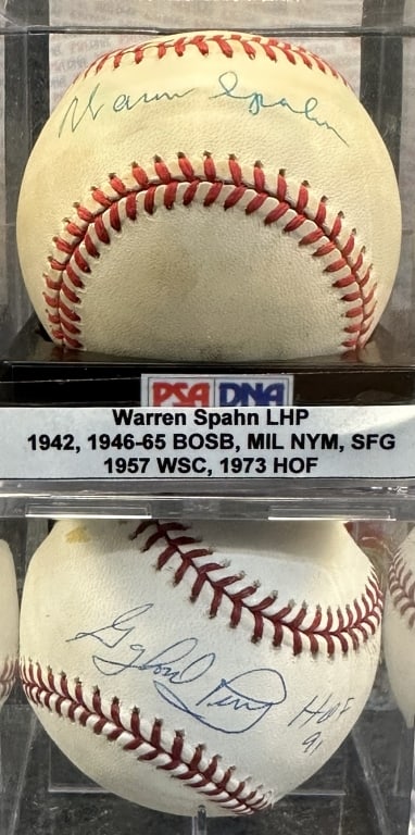 LOT OF 2 HALL OF FAME GREATS PITCHERS, WARREN SPAH BOTH ON RAWLINGS OFFICIAL NATIONAL OR MAJOR: BOTH ON RAWLINGS OFFICIAL NATIONAL OR MAJOR LEAGUE BASEBALLS PERRY JSA DD21613, SPAHN PSA/DNA W47776