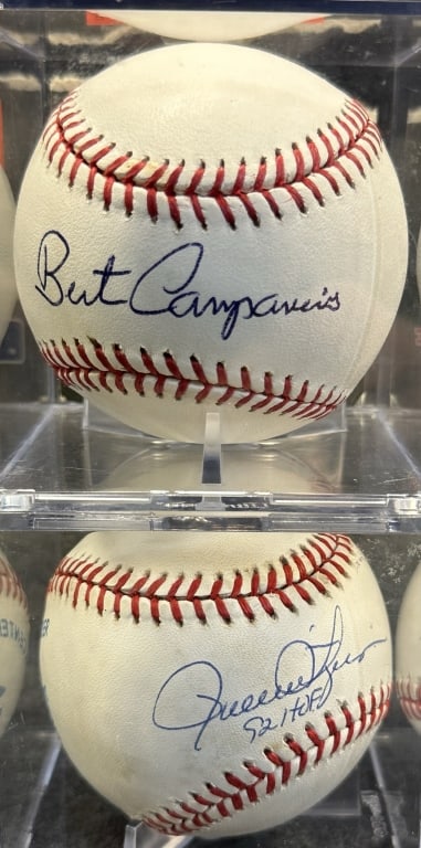 LOT OF 2 OAKLAND ATHLETICS HALL OF FAMERS AND GREA CAMPANERIS ON RAWLINGS OFFICIAL MAJOR LEAGUE: CAMPANERIS ON RAWLINGS OFFICIAL MAJOR LEAGUE BALL, FINGERS ON OFFICIAL AMERICAN LEAGUE BROWN BALL