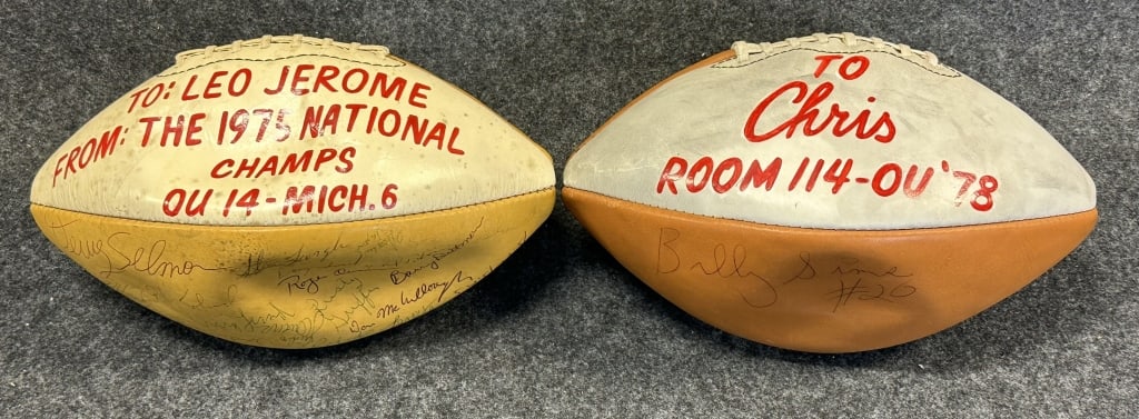 PAIR 1975 & 1978 OKLAHOMA UNIVERSITY TEAM SIGNED N TEAM SIGNED BALL WAS A GIFT TO LEO JEROME FROM: TEAM SIGNED BALL WAS A GIFT TO LEO JEROME FROM STORY OLDSMOBILE IN LANSING MICHIGAN. HE WAS A STAPLE IN THE CAR INDUSTRY IN LANSING FOR MANY YEARS. THIS BALL WAS A GIFT TO HIM FROM THE 1975 NATIONAL C