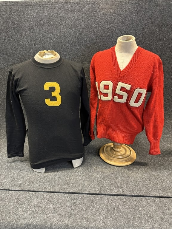 PAIR VINTAGE FOOTBALL JERSEYS & SWEATER BOB KEYES "BOB KEYES" GAME WORN WOOL LONG SLEEVE JERSEY BY: "BOB KEYES" GAME WORN WOOL LONG SLEEVE JERSEY BY W.O.W.O. MAIN AUTO SUPPLY CO & BOBBY BROWN MF'D 1950 WOOL SWEATER