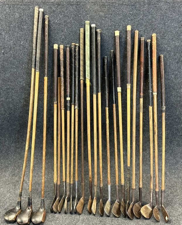 LOT OF 22 ANTIQUE EARLY 1900S-1930S WOODEN GOLF CL VARYING BRANDS AND MANUFACTURERS, INCLUDING: VARYING BRANDS AND MANUFACTURERS, INCLUDING SCOTTISH AND AMERICAN MADE.