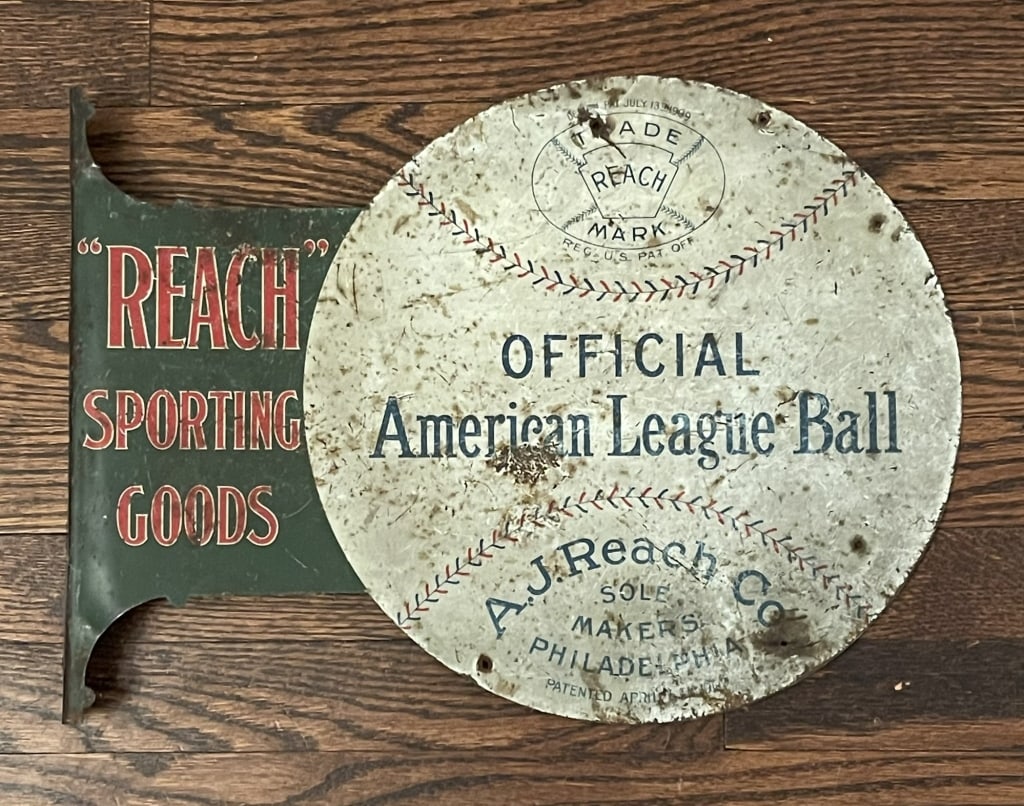 1900S A.J. REACH DOUBLE SIDED PAINTED METAL SIGN A VERY TOUGH SIGN TO FIND WITH SIGNIFICANT (1 of 17)