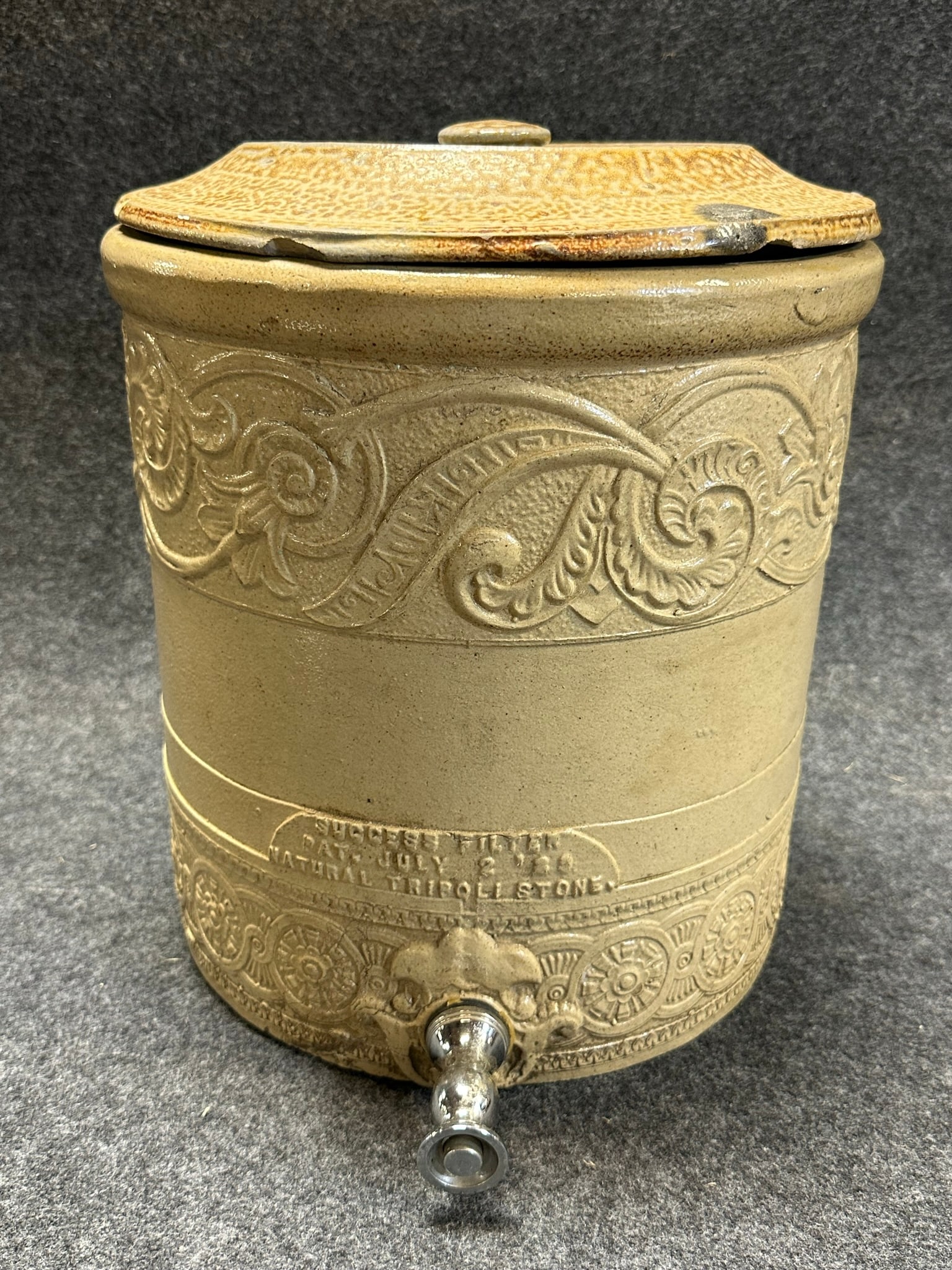 Rare Pat'd 1889 Natural Tripoli Stone Success Filter Stoneware Water Cooler Jug w/ Spigot (1 of 11)